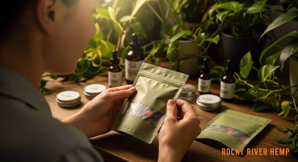 A person holds a green resealable pouch in a workspace with CBD bottles, tins, and plants, with “Rocky River Hemp” in the corner.