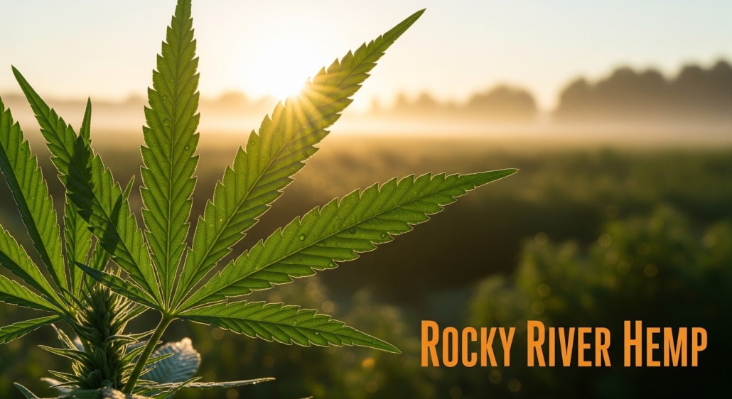 A close-up of green hemp leaves in morning sunlight with a misty field in the background, and “Rocky River Hemp” in the corner.