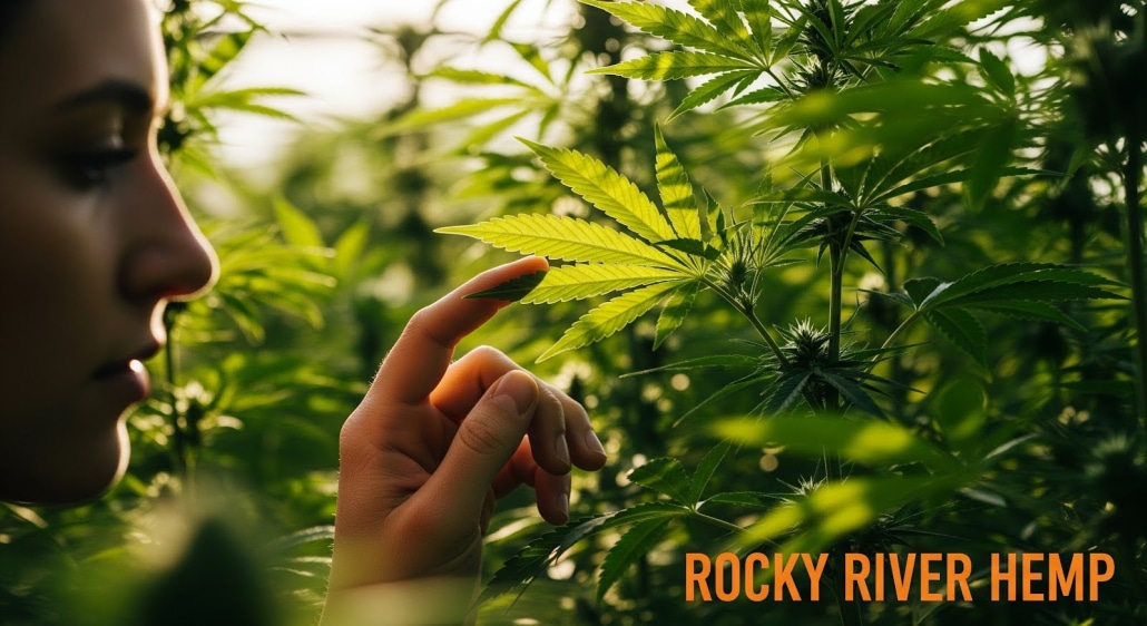 A person gently touches a bright green hemp leaf in a dense field, with “ROCKY River Hemp” in the corner.